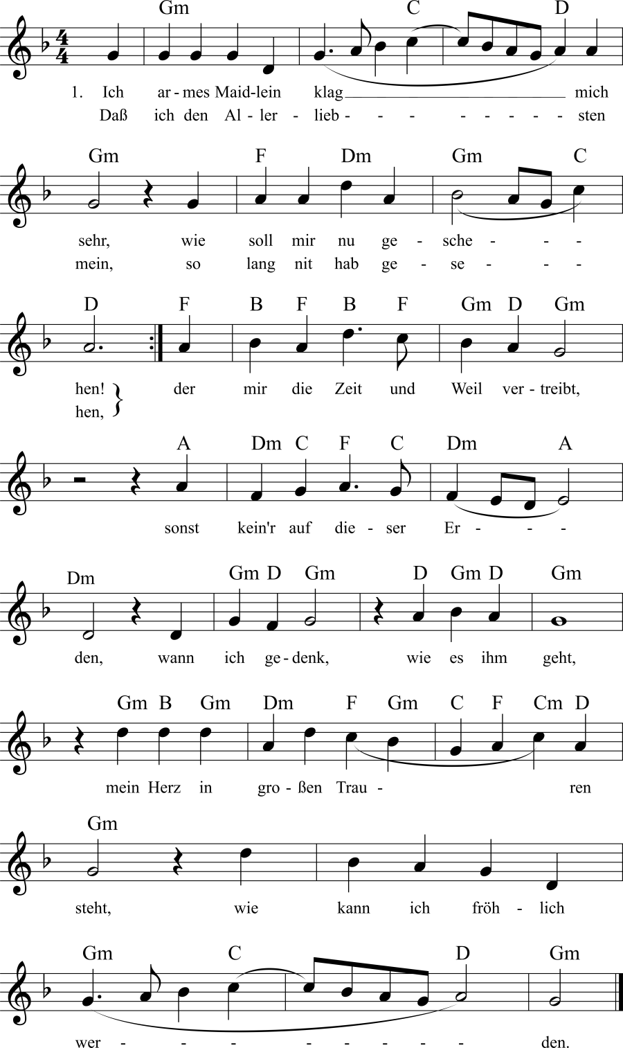Ich armes Maidlein klag mich sehr Noten, Liedtext, MIDI, Akkorde