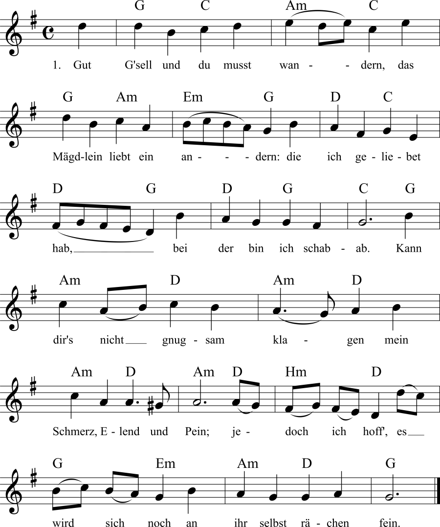 Gut Gsell und du mußt wandern Noten, Liedtext, MIDI, Akkorde