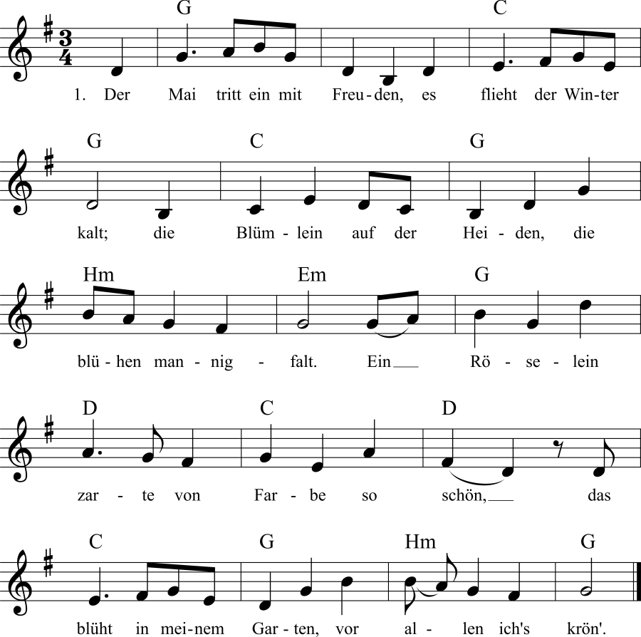 Der Mai tritt ein mit Freuden Noten, Liedtext, MIDI, Akkorde