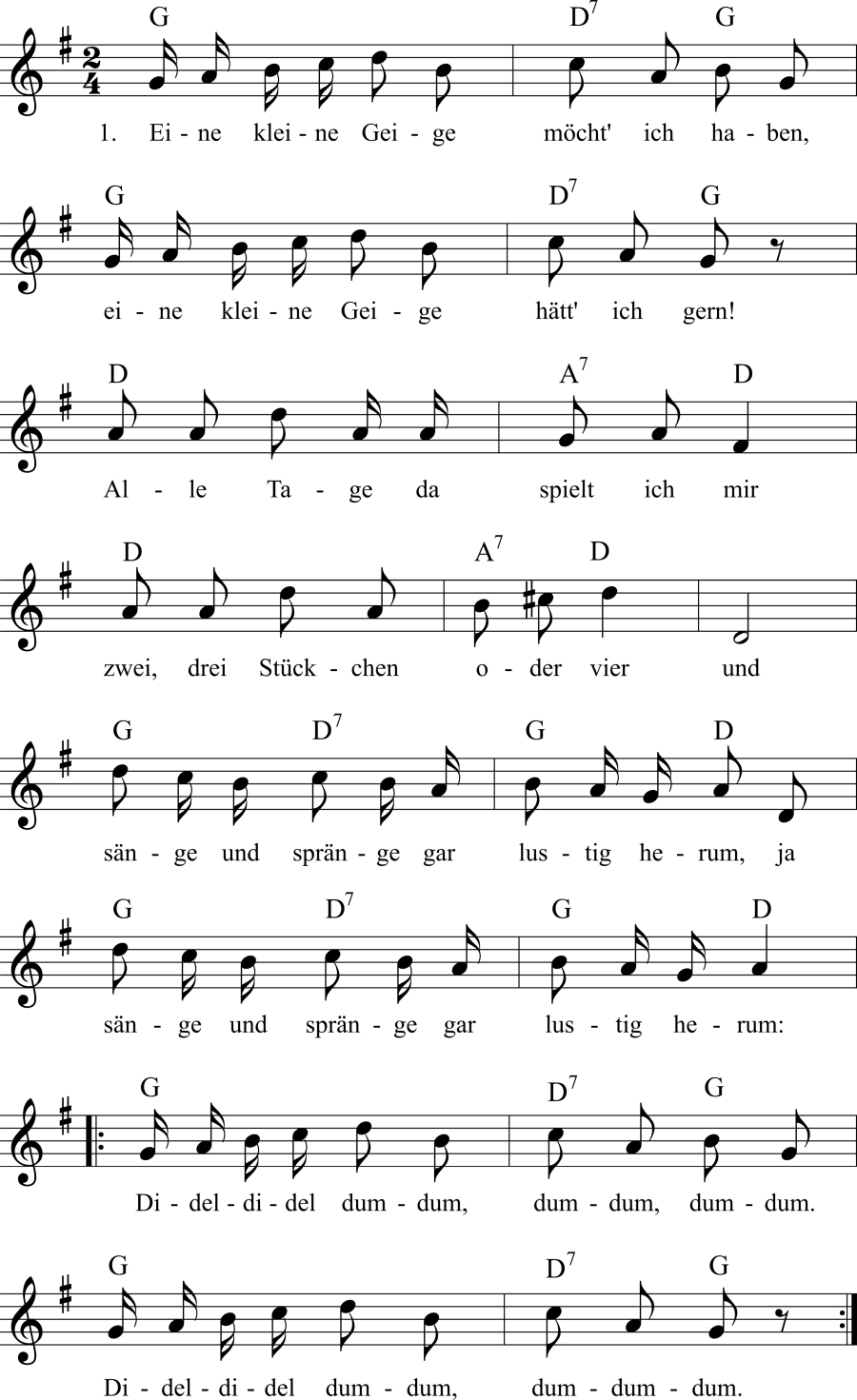 Eine kleine Geige möcht' ich haben Noten, Liedtext, MIDI, Akkorde