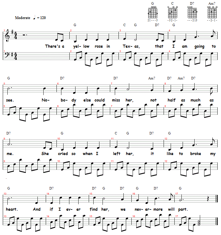 The Yellow Rose of Texas (Noten und Gitarrenakkorde)