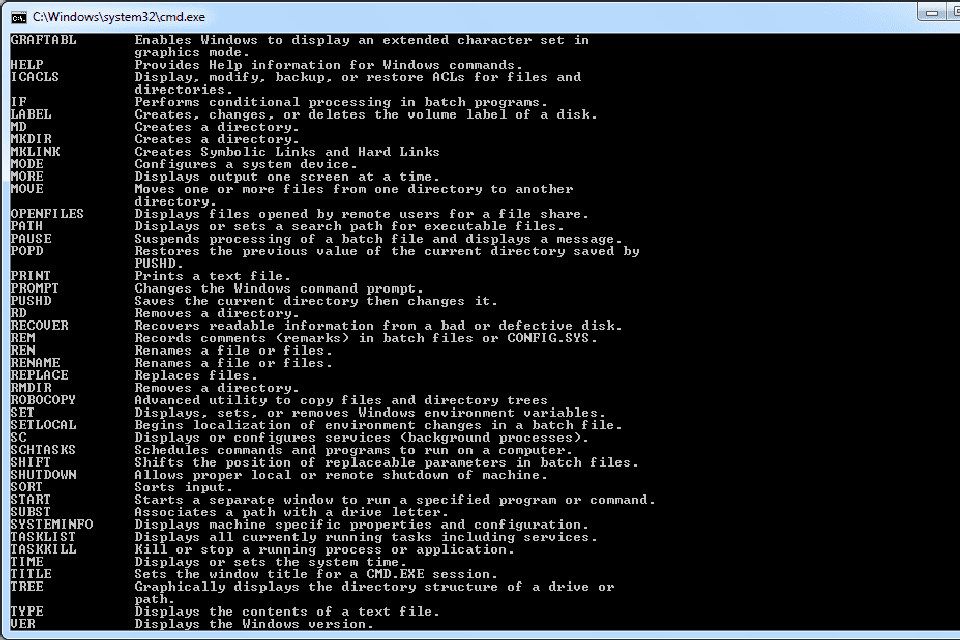 List of Windows 7 Command Prompt Commands