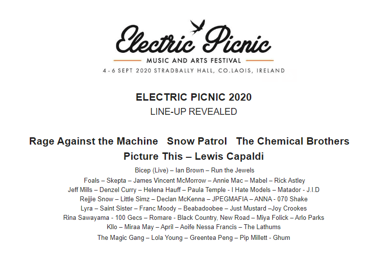 REVEALED Electric Picnic 2020 lineup announced Waterford Live