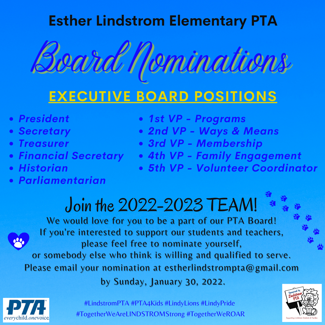 NOMINATIONS for PTA Board 20222023 Lindstrom PTA