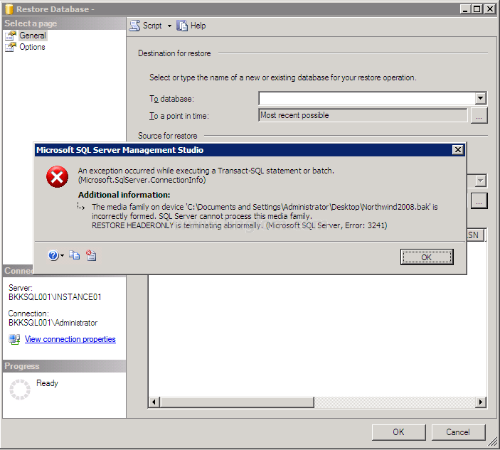 Restore Database From SQL Server 2008 to SQL Server 2005, Part 1