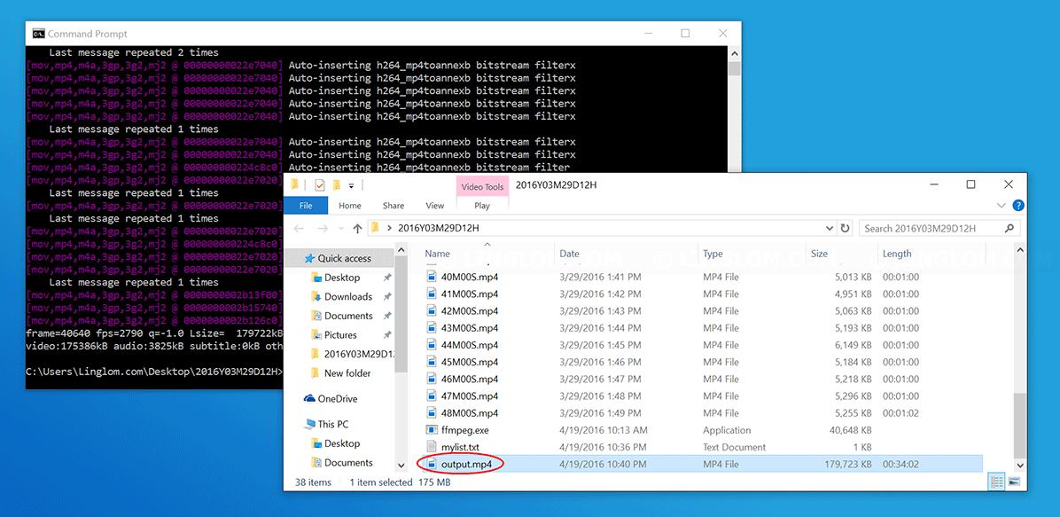 Combine MP4 files using FFMPEG on Windows (without reencoding