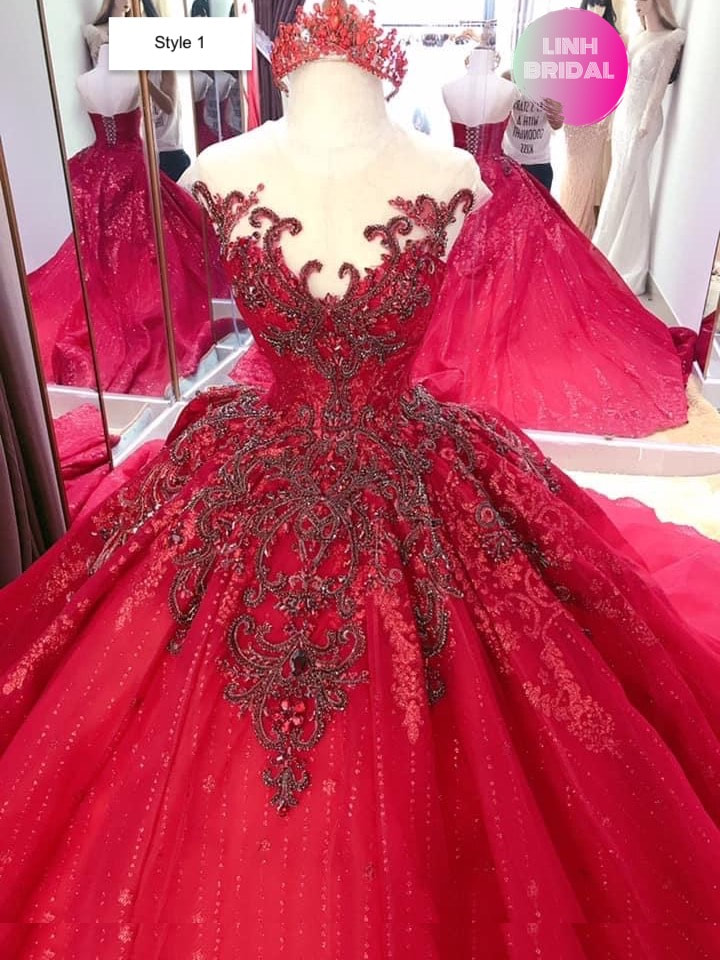 Fiery red Sparkle ball gown cap sleeves/sleeveless wedding dress with