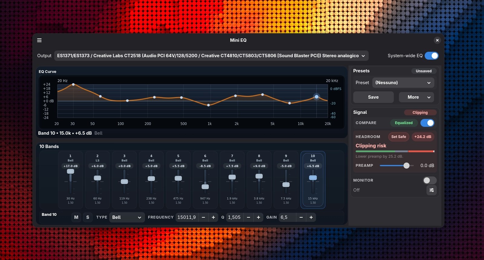 Mini EQ equalizzatore parametrico di sistema per PipeWire