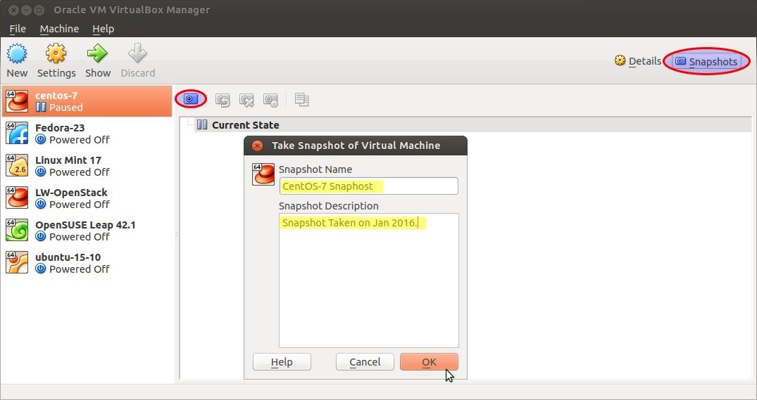 Create and Restore VM Snapshot in VirtualBox on Ubuntu Linux