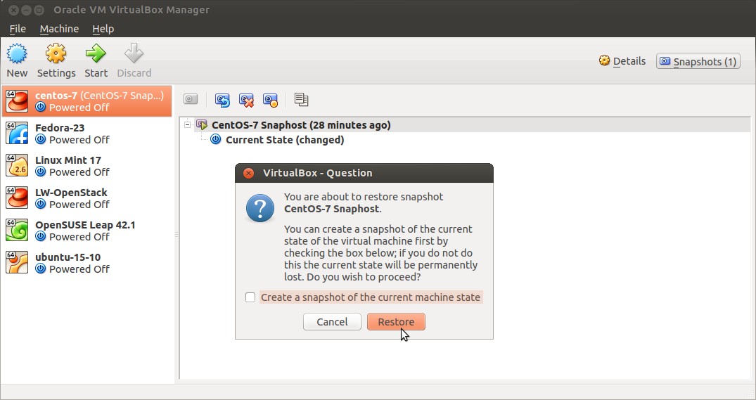 Create and Restore VM Snapshot in VirtualBox on Ubuntu Linux