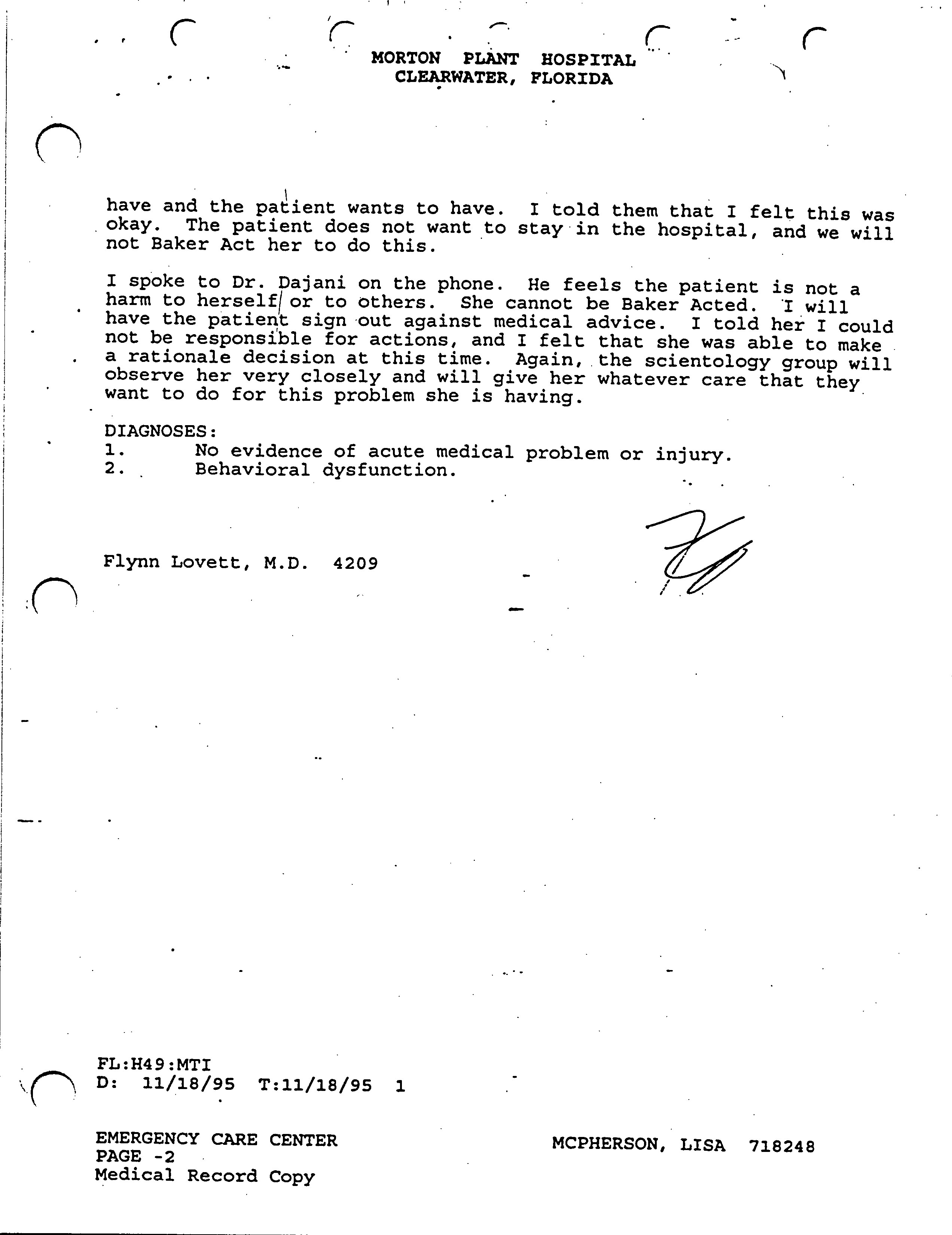 Emergency Care record, Morton Plant Hospital The Lisa McPherson Files