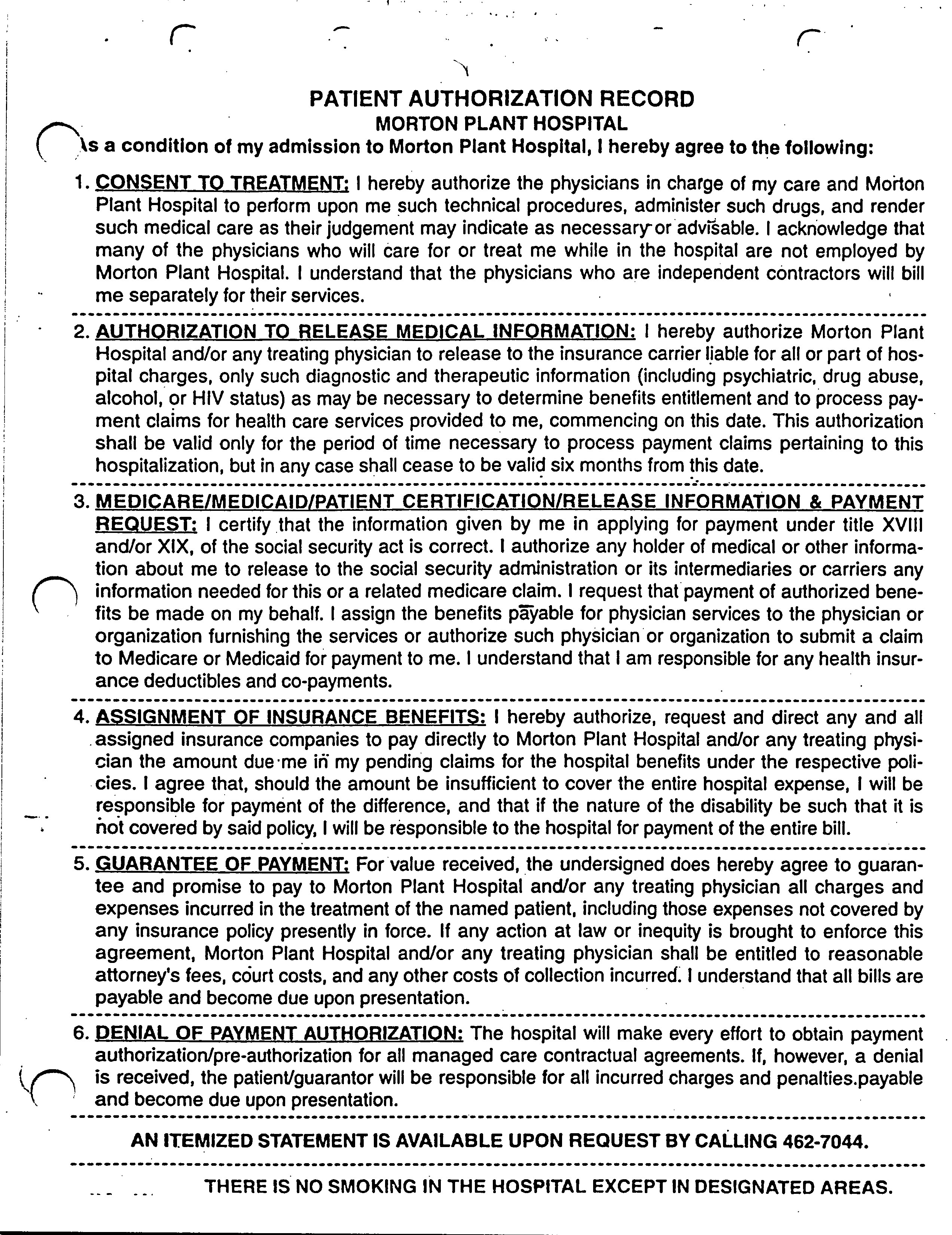 Patient Authorization Record, Morton Plant Hospital The Lisa