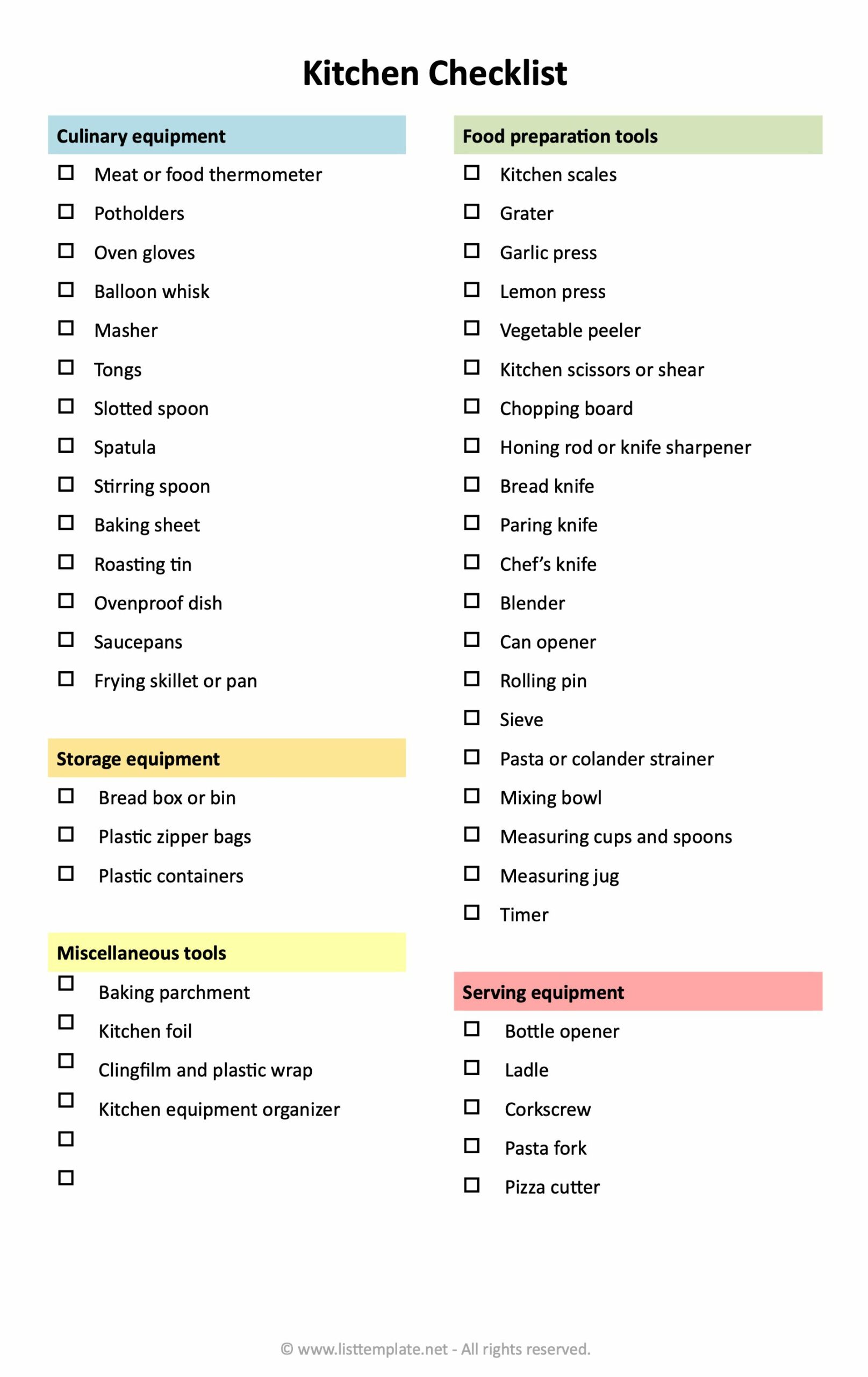 Free Editable Kitchen Checklist List Templates
