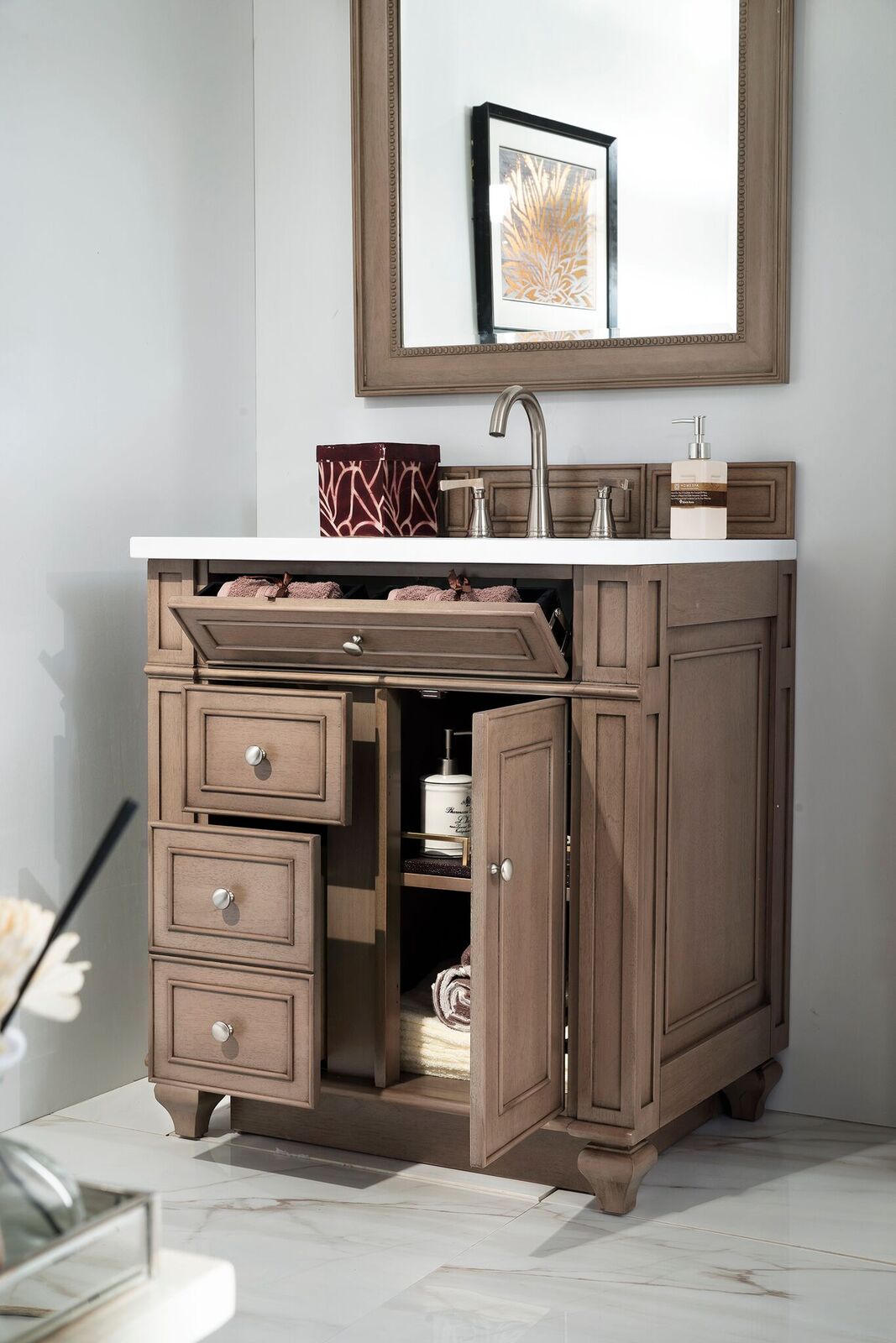 30" Single Vanity, White Washed Walnut, Top options