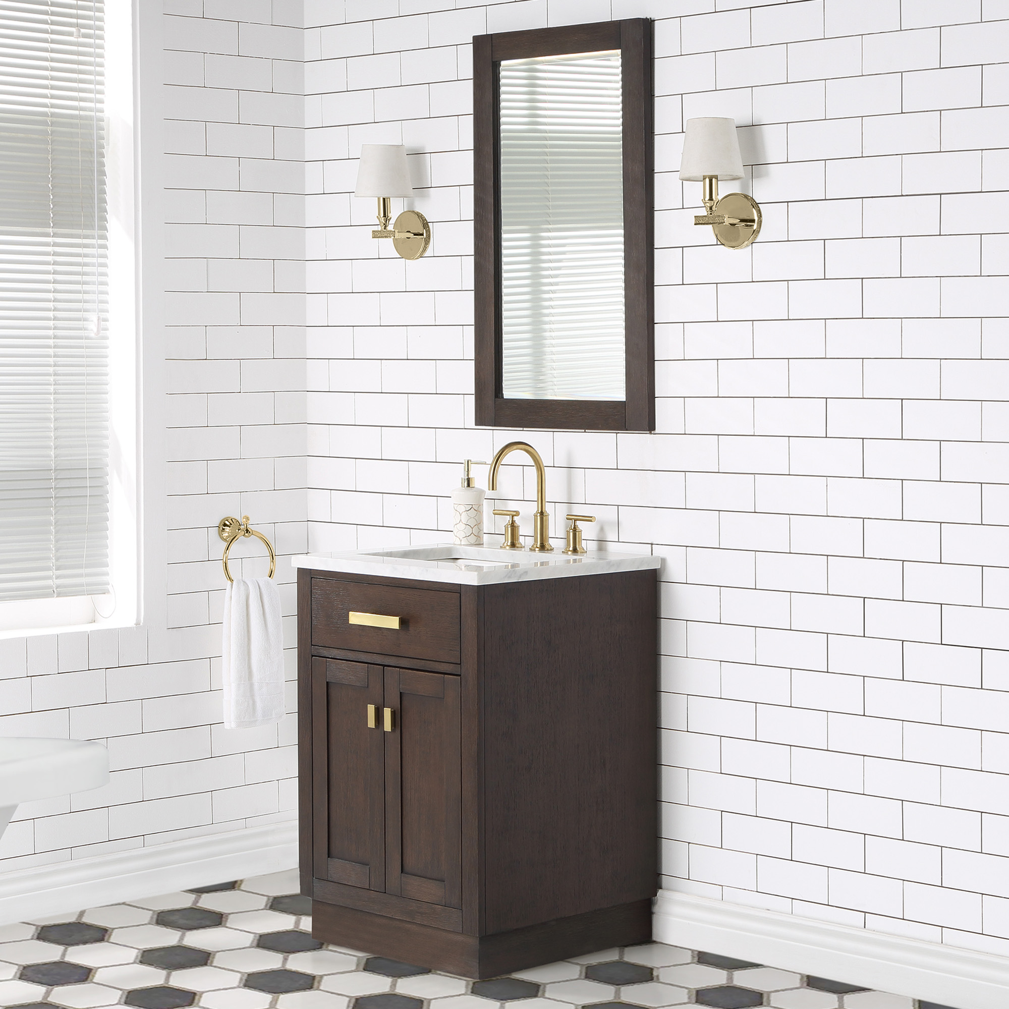 24" Brown Oak Single Bathroom Vanity with Seamless Italian Carrara