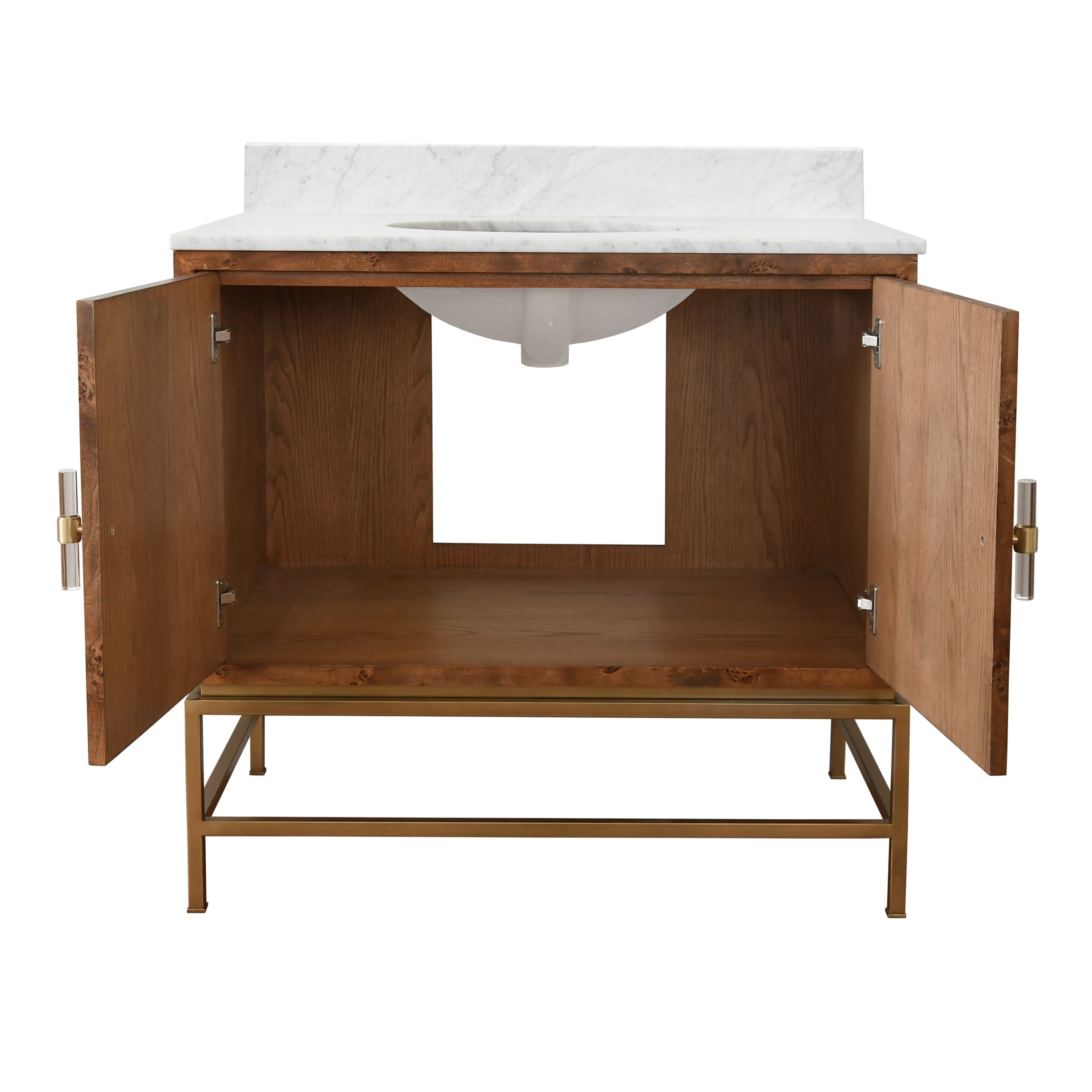 Bath Vanity in Matte Dark Burl Wood and Antique Brass with White Marble