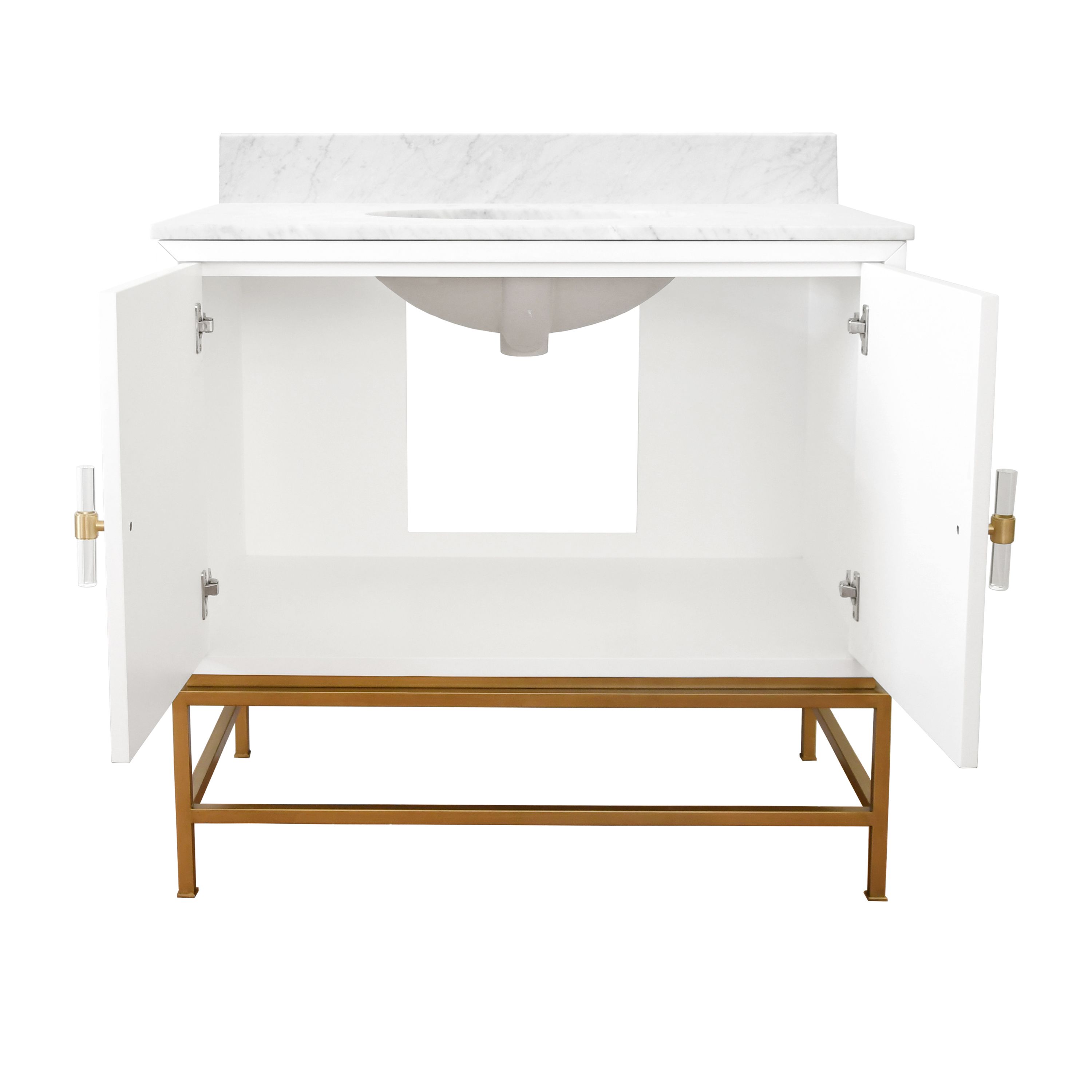 Bath Vanity in Matte White Lacquer and Antique Brass with White Marble Top and Porcelain Sink