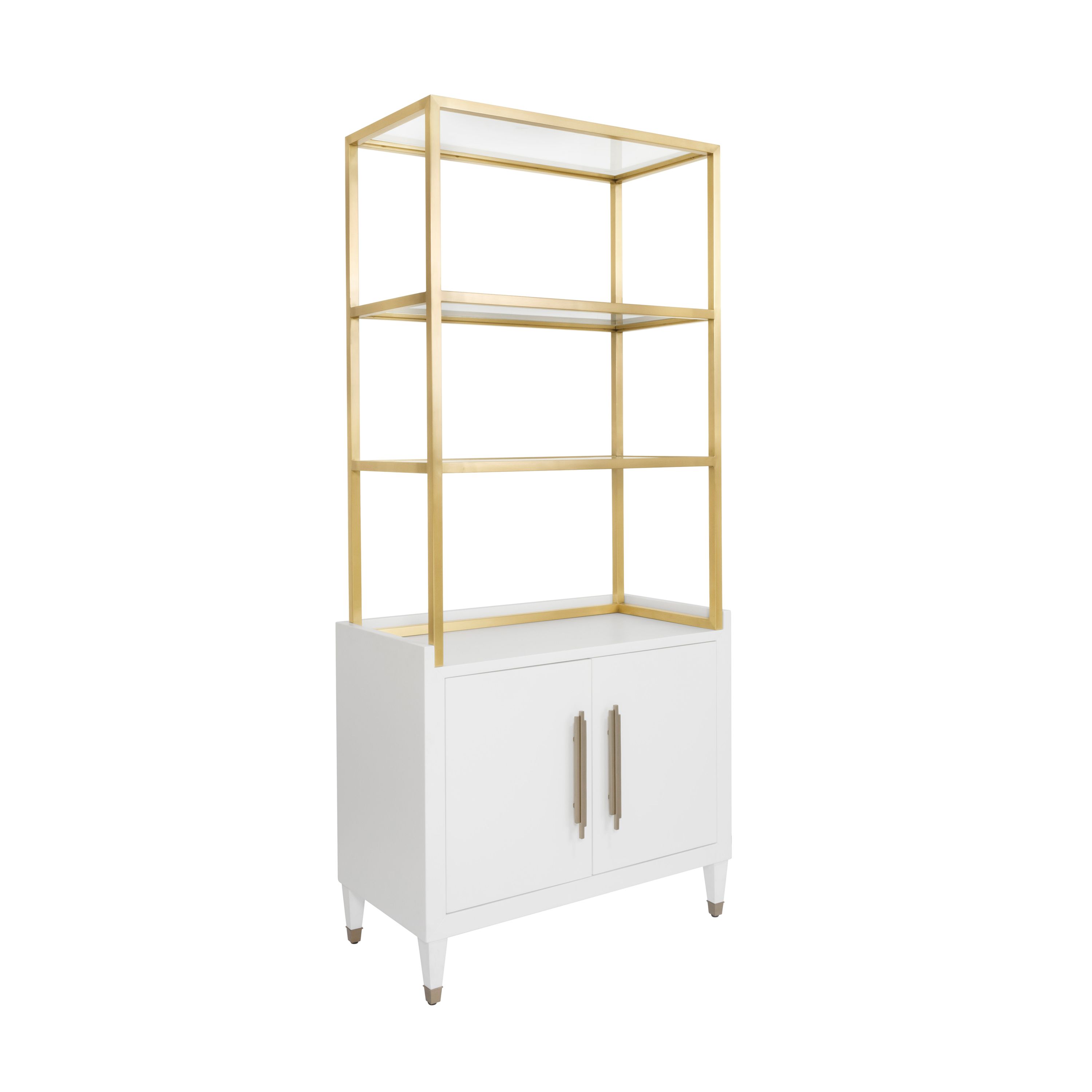Matte White Etagere with Brushed Brass Frame & Glass Shelves