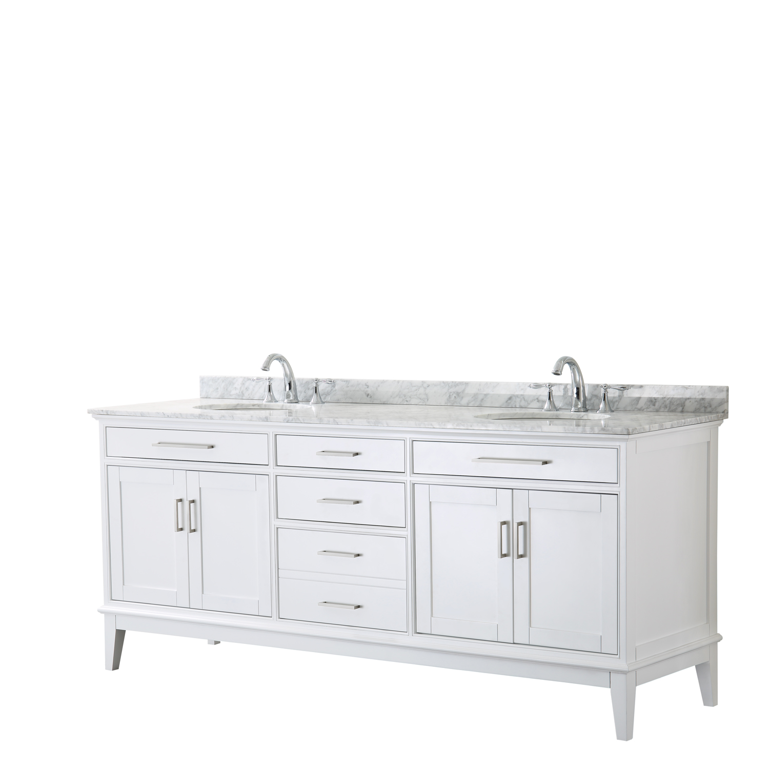 Contemporary 80" Double Bathroom Vanity in White, White Carrara Marble