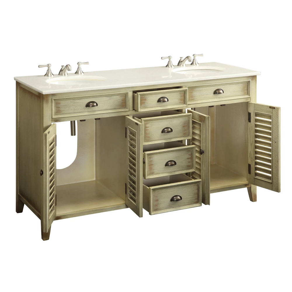 60" Distress Beige Double Sink Bathroom Sink Vanity with Crystal White
