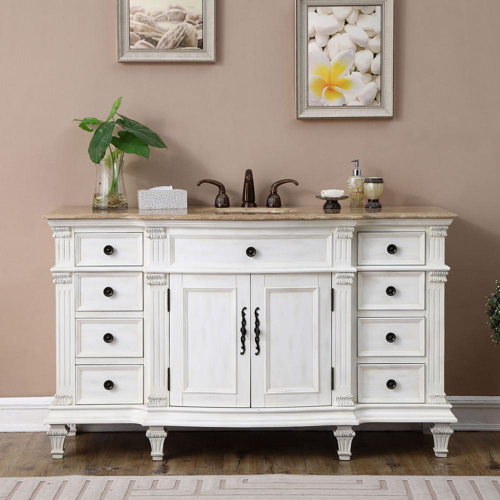 60" Single Sink Vanity in Antique White with Stone Vanity Top in