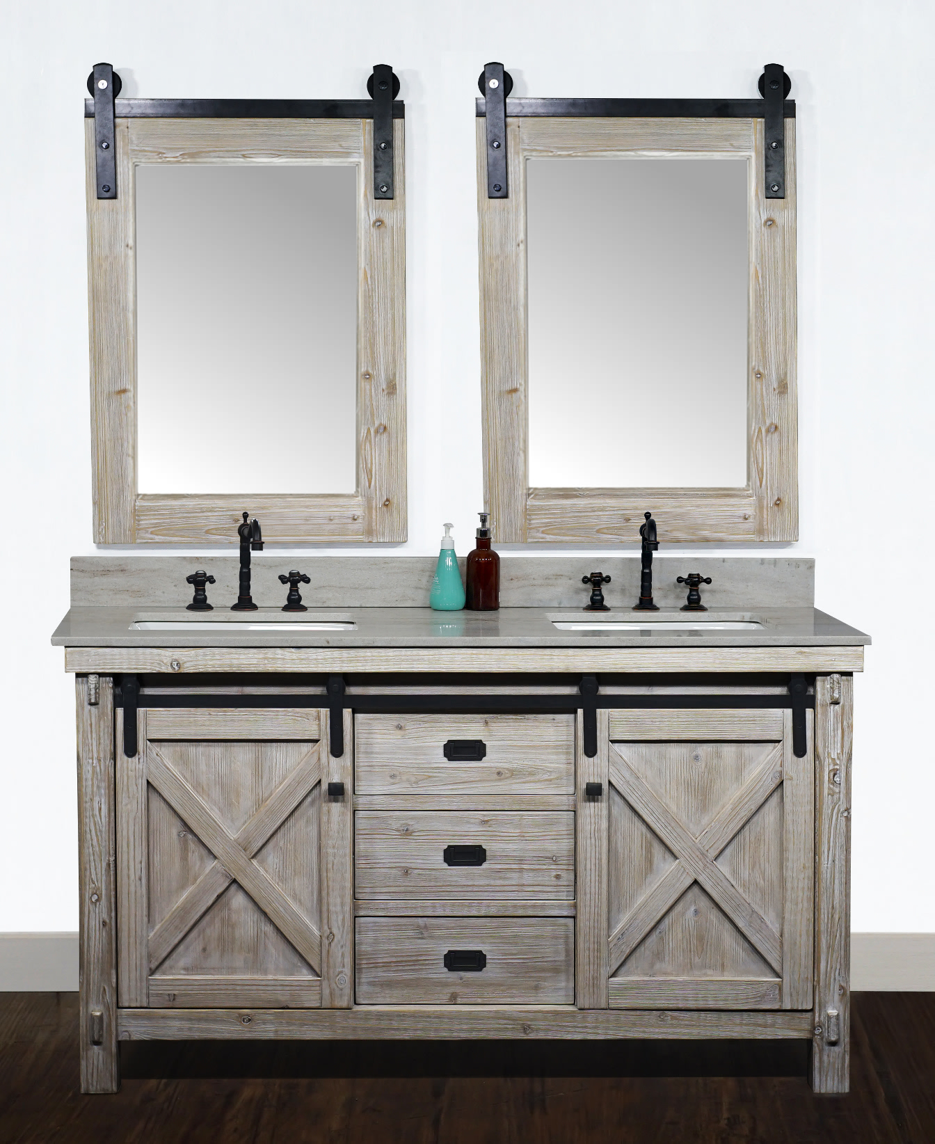 60" Rustic Solid Fir Barn Door Style Double Sink Vanity No Faucet