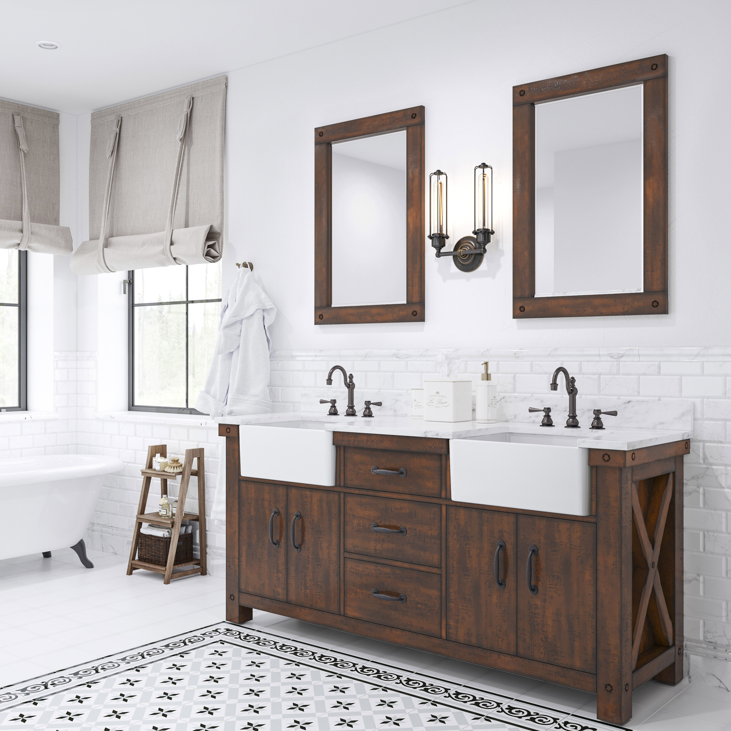 72" Double Sink Carrara White Marble Countertop Vanity in Rustic Sienna