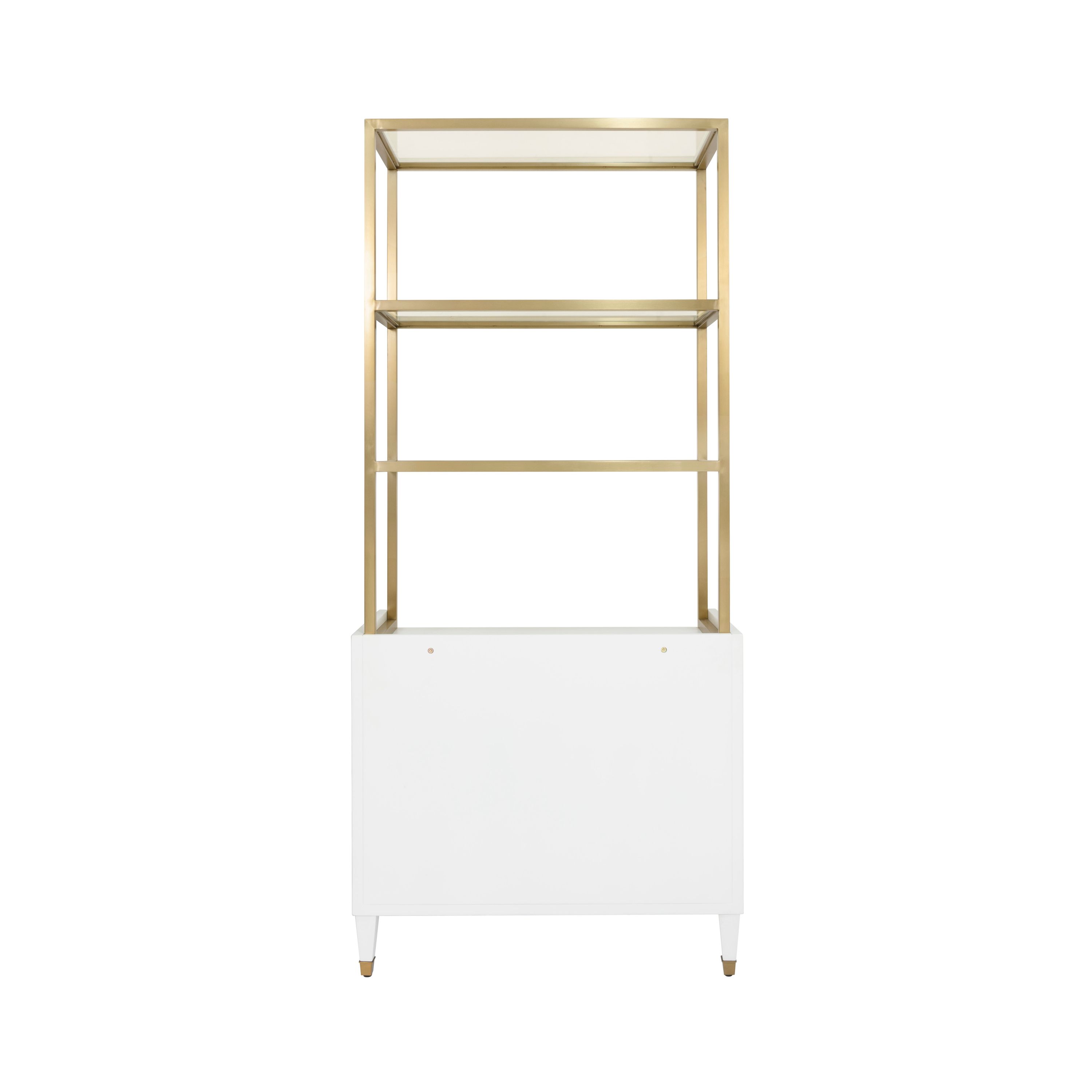 Matte White Etagere with Brushed Brass Frame & Glass Shelves