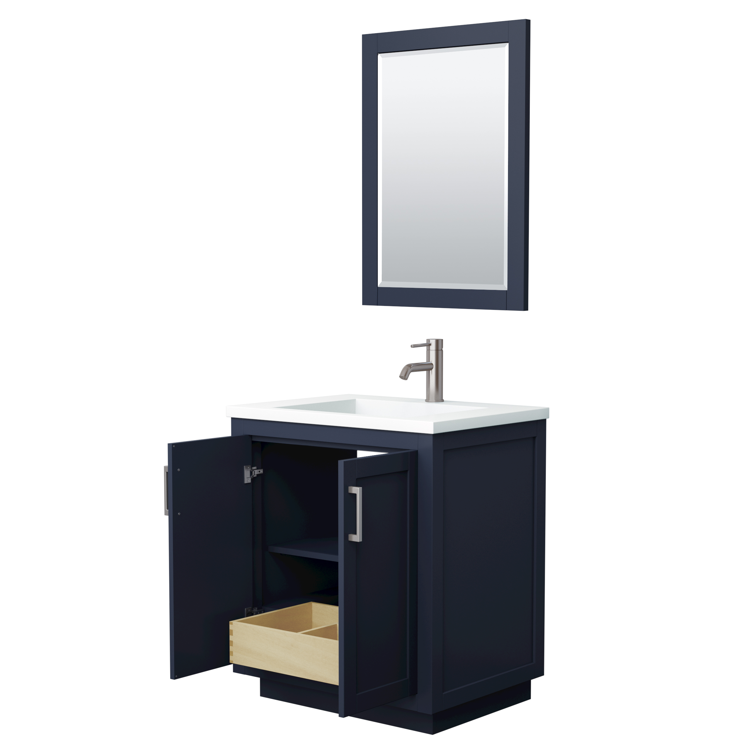 30" Single Bathroom Vanity in Dark Blue, LightVein Carrara Cultured Marble Countertop