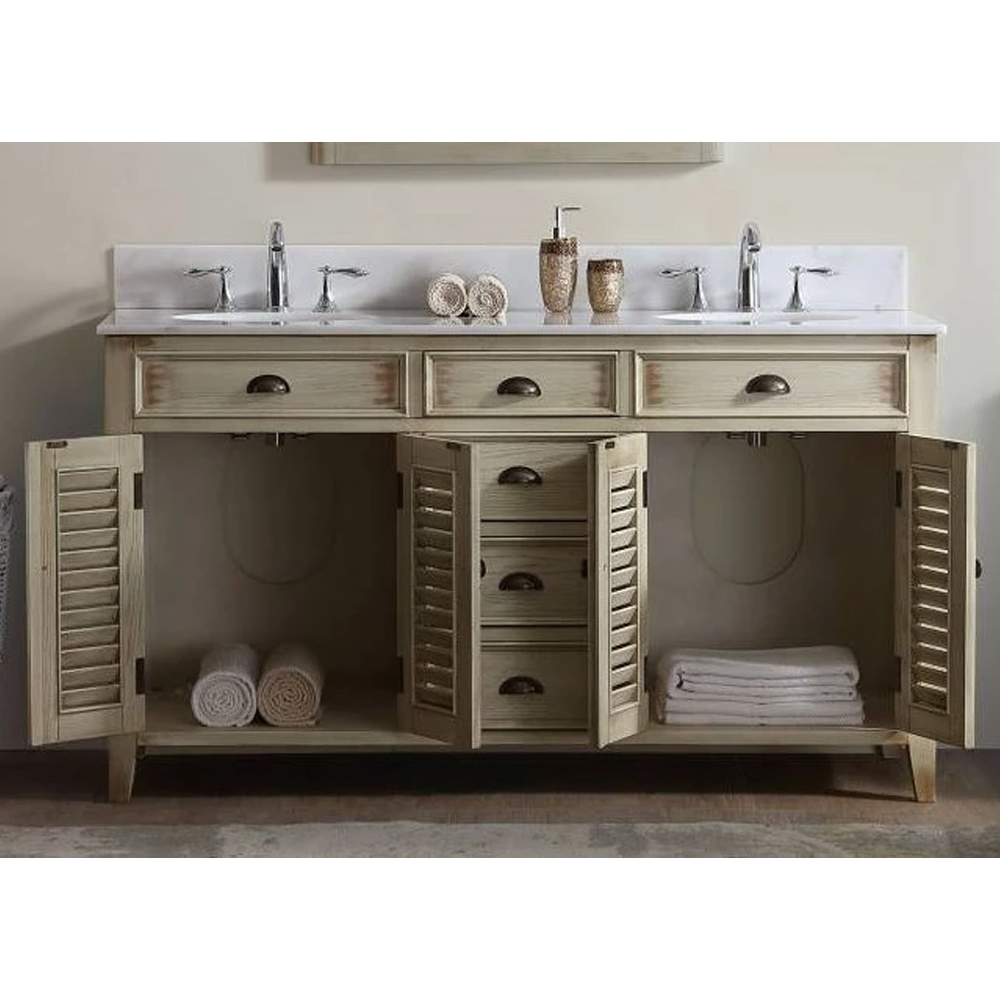 60" Distress Beige Double Sink Bathroom Sink Vanity with Crystal White Marble Countertop