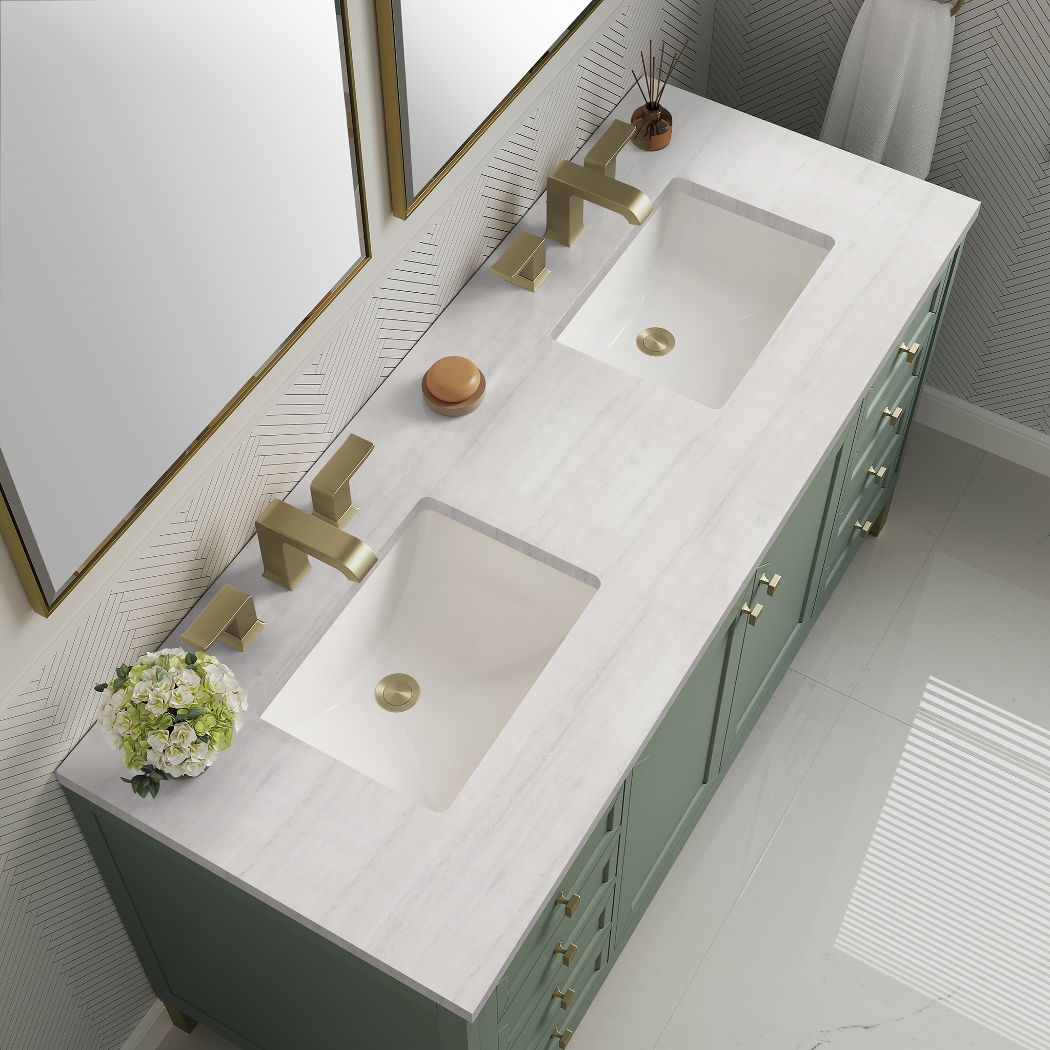 James Martin Chicago 60" Double Vanity, Smokey Celadon With Countertops