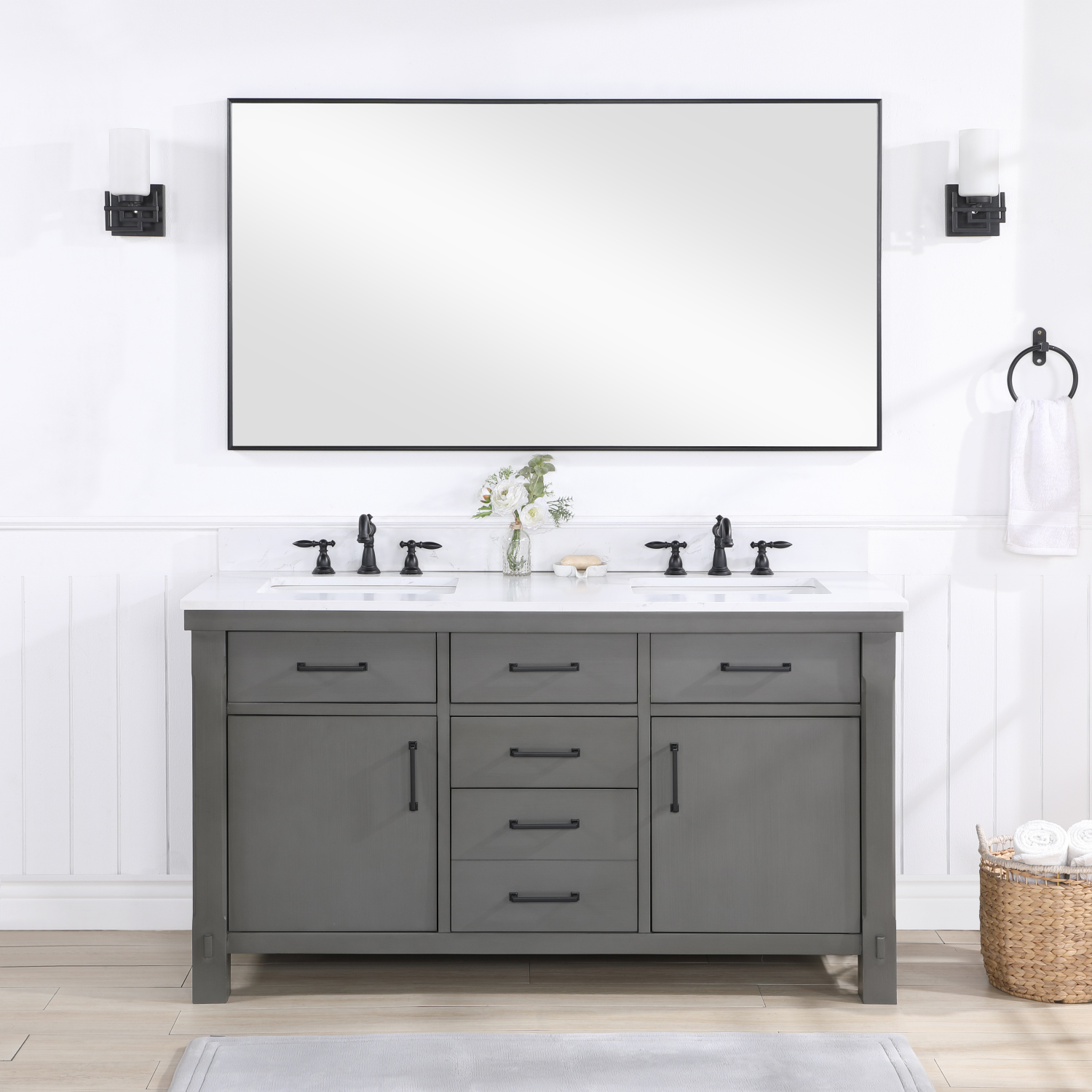 60" Double Sink Bath Vanity in Rust Grey with White Composite Countertop