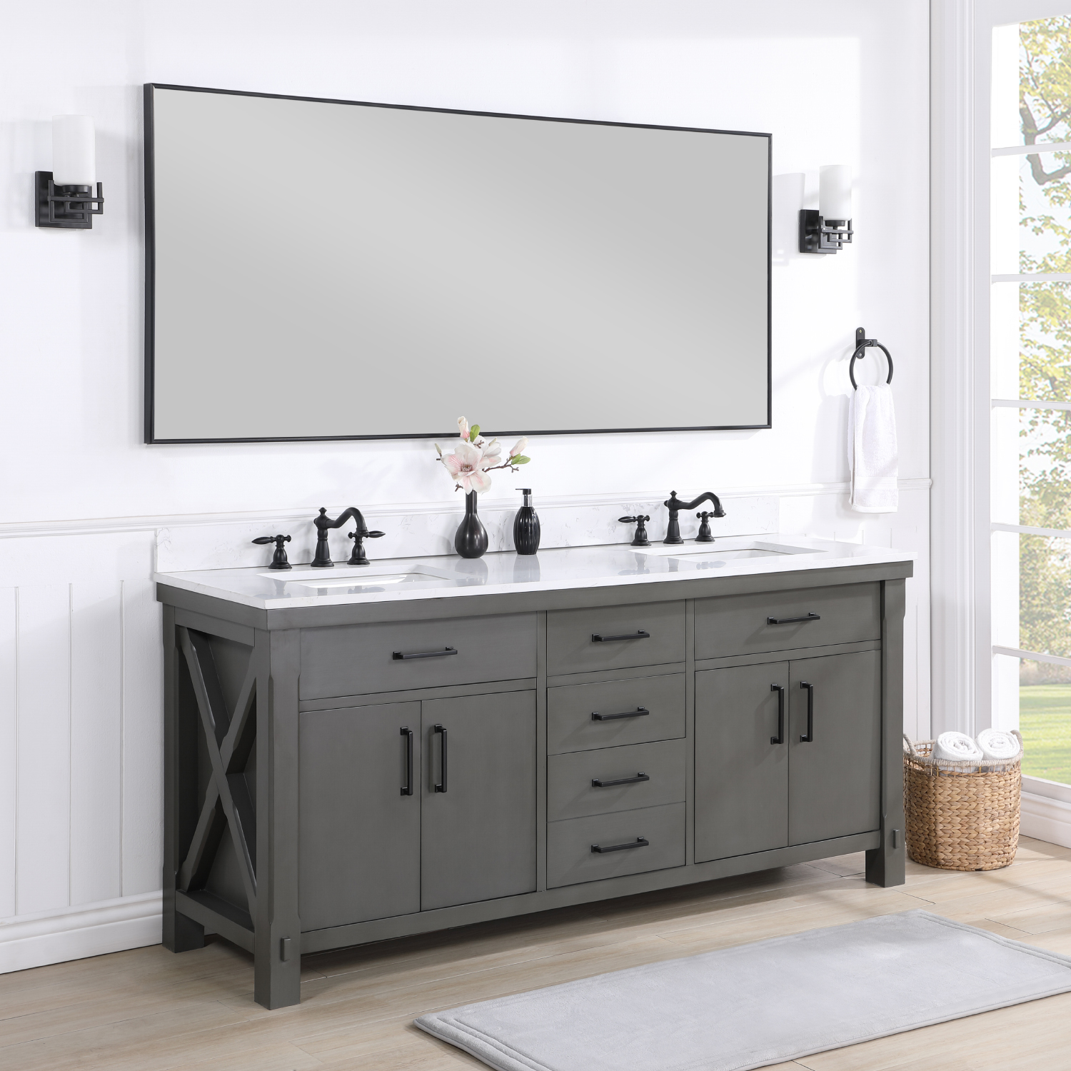 72" Double Sink Bath Vanity in Rust Grey with White Composite Countertop