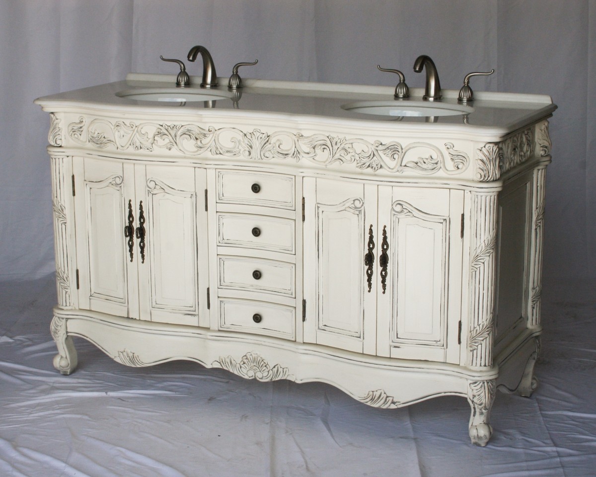 60" Adelina Antique Style Double Sink Bathroom Vanity in Antique White