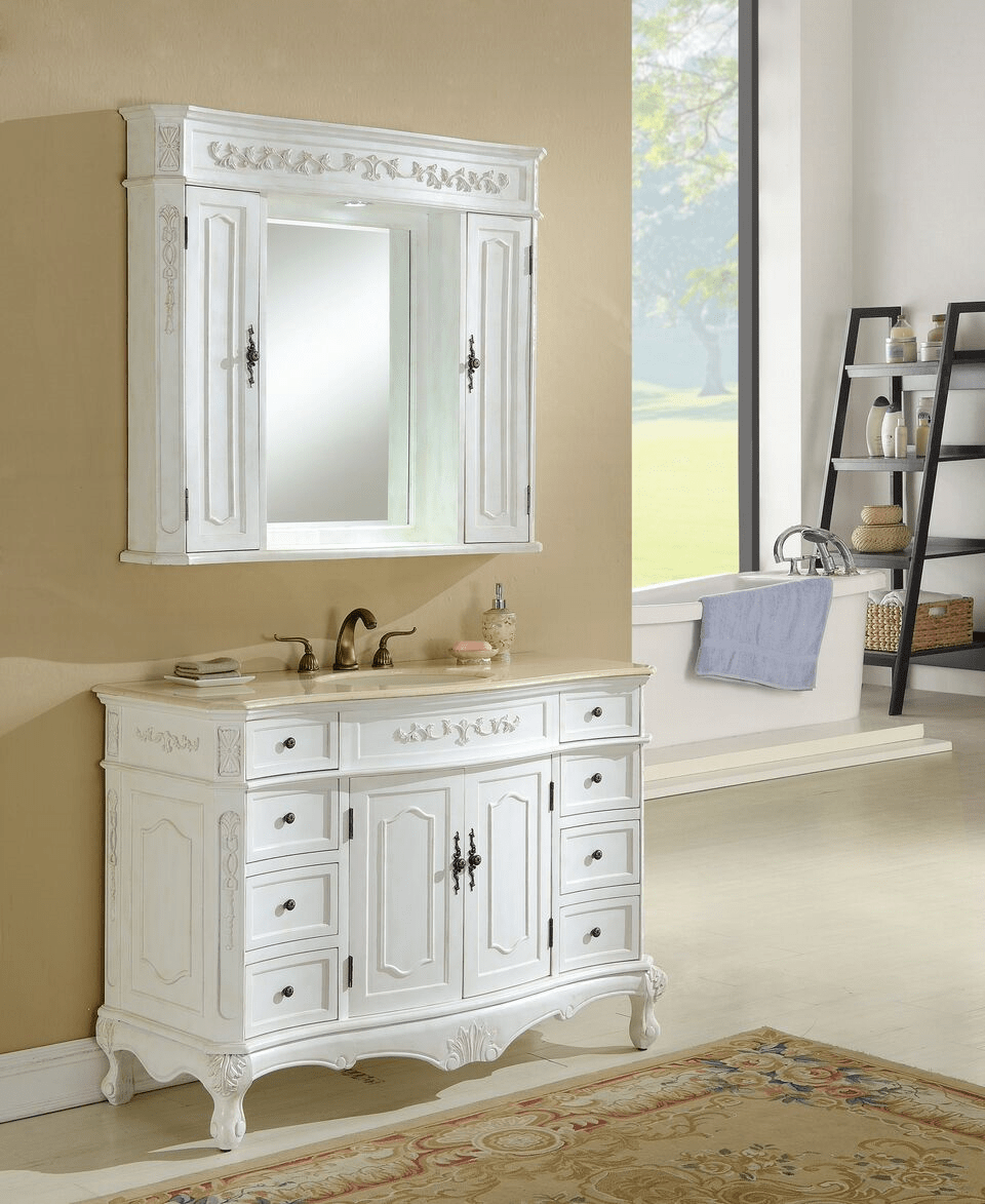 48" Antique White Vanity Finsh with Mirror, Med Cab, and Linen