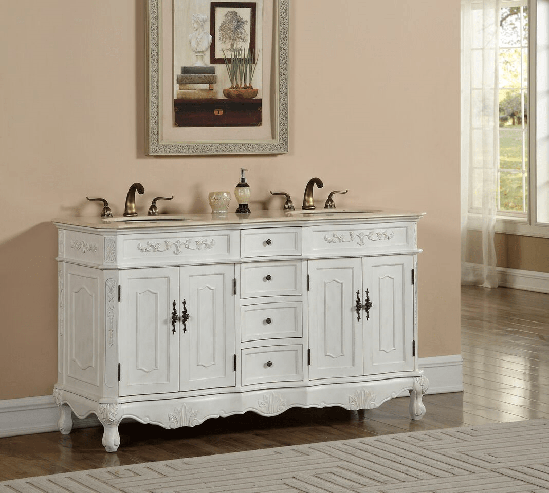60" Double Antique White Bathroom Vanity with Mirror, Med Cab, and