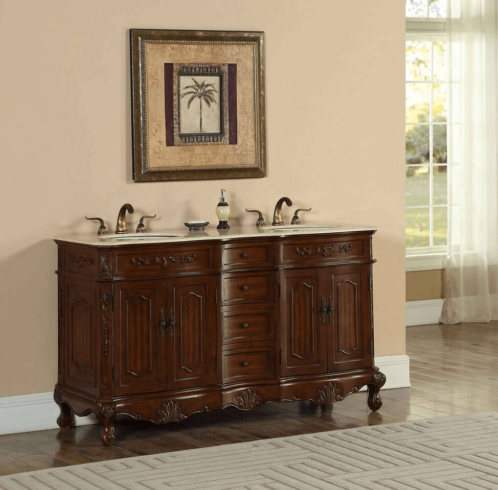 60" Double Antique Deep Chestnut Finish Bathroom Vanity with Mirror