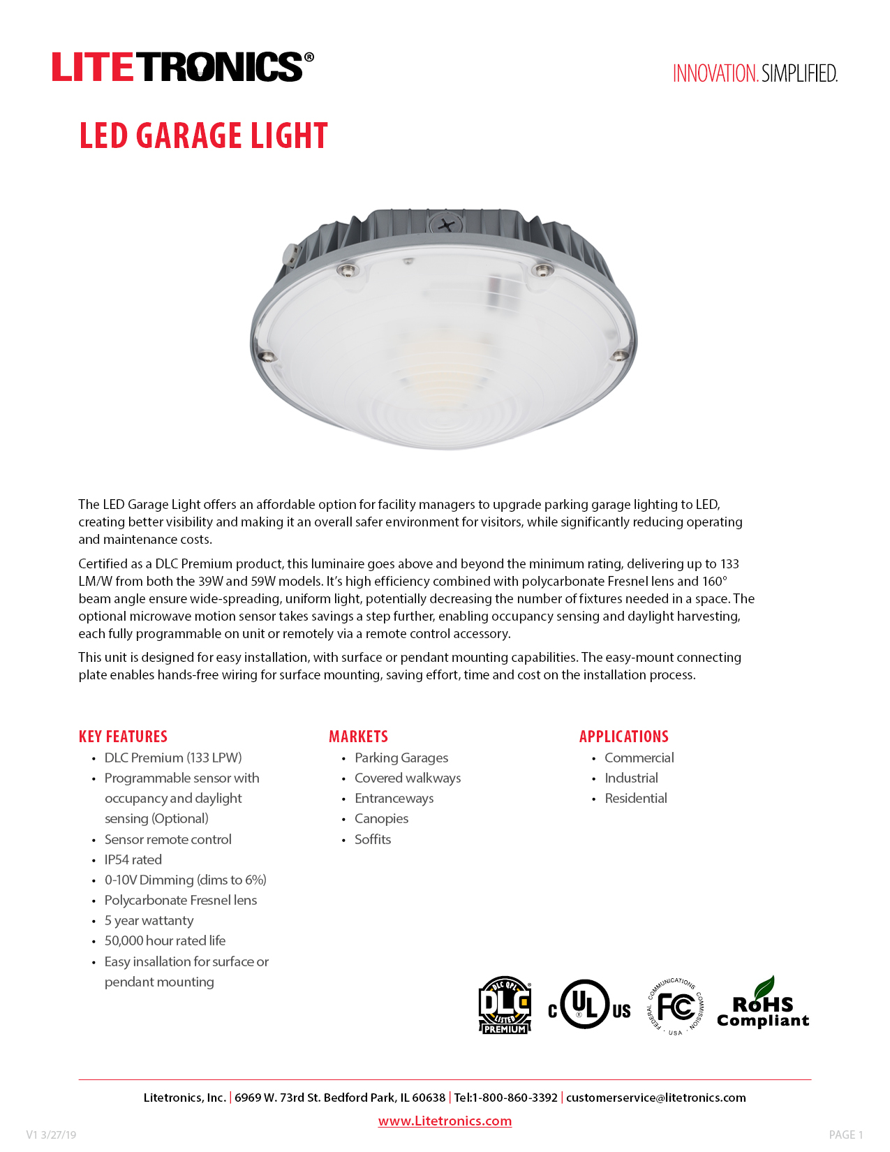Garage Light Spec Sheet Litetronics