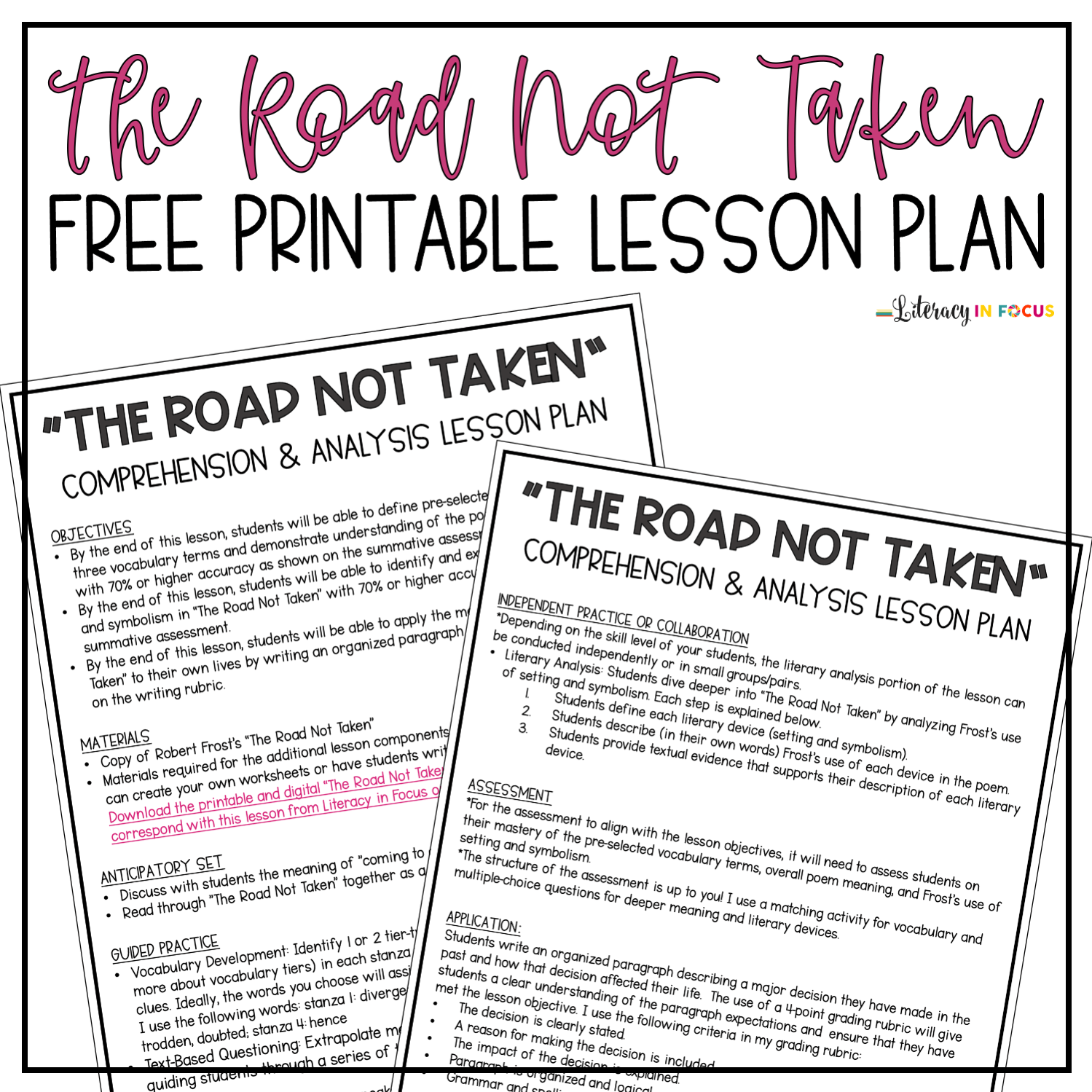 Robert Frost's "The Road Not Taken" Lesson Plan PDF Literacy In Focus