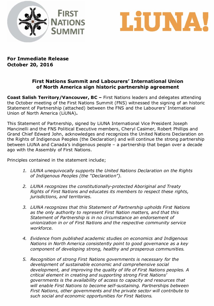 LiUNA Signs Statement of Partnership at First Nation Summit