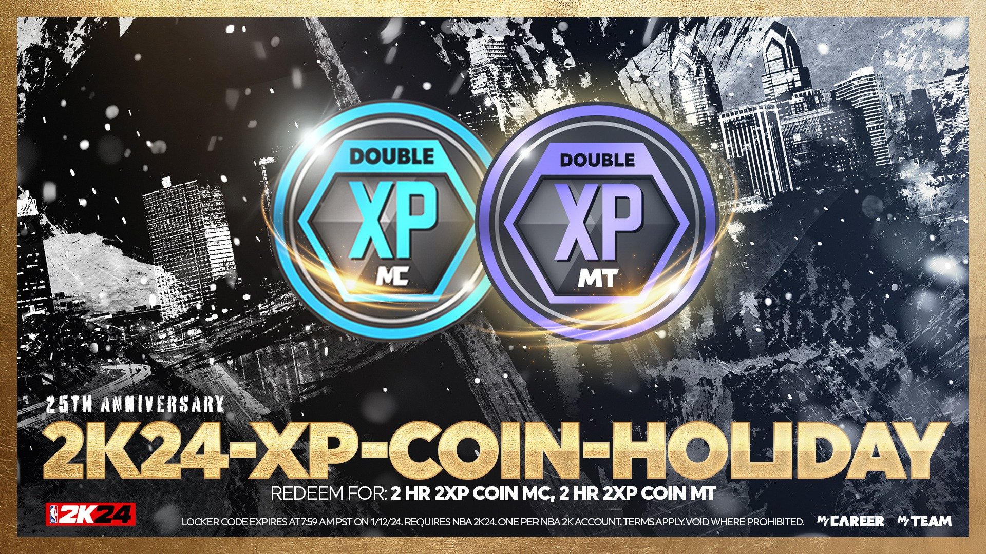 2K24XPCOINHOLIDAY for 2 Hr 2 XP Coin MyCareer, 2 Hr 2 XP Coin MyTeam