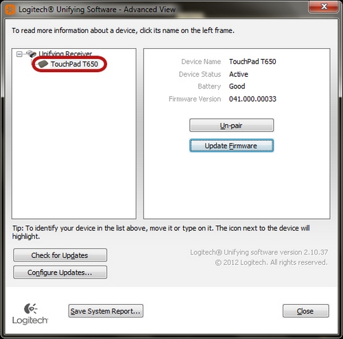 Update the firmware for a Logitech Unifying device