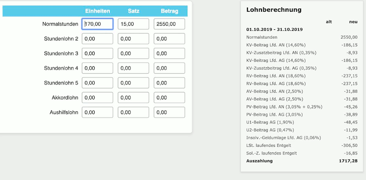 Abrechnung eines Lohnempfängers (normaler Stundenlohn) mit Zulagen und