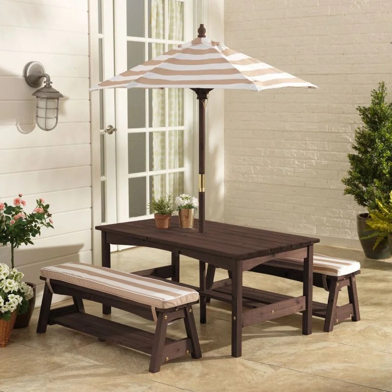 Outdoor Table & Bench Set with Cushions & Umbrella Oatmeal & White