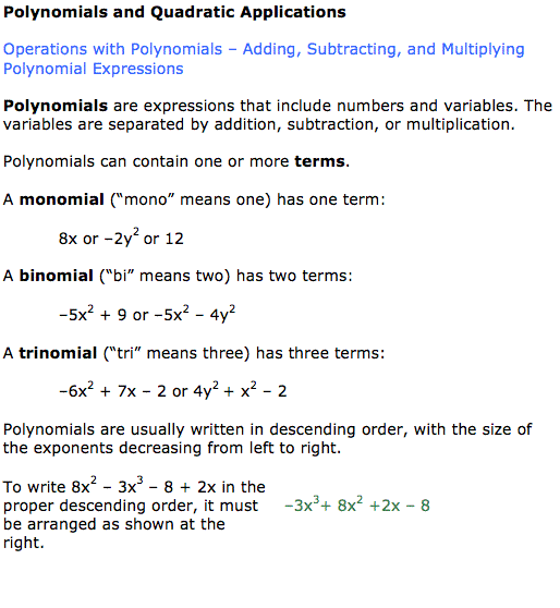 DMA 060 Polynomials and Quadratic Applications Operations with