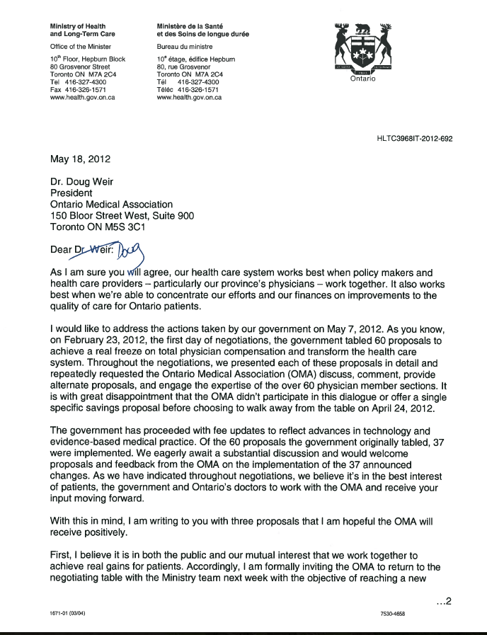 Letter to Doug Weir, OMA, from Deb Matthews May 2012 « Longwoods Blog