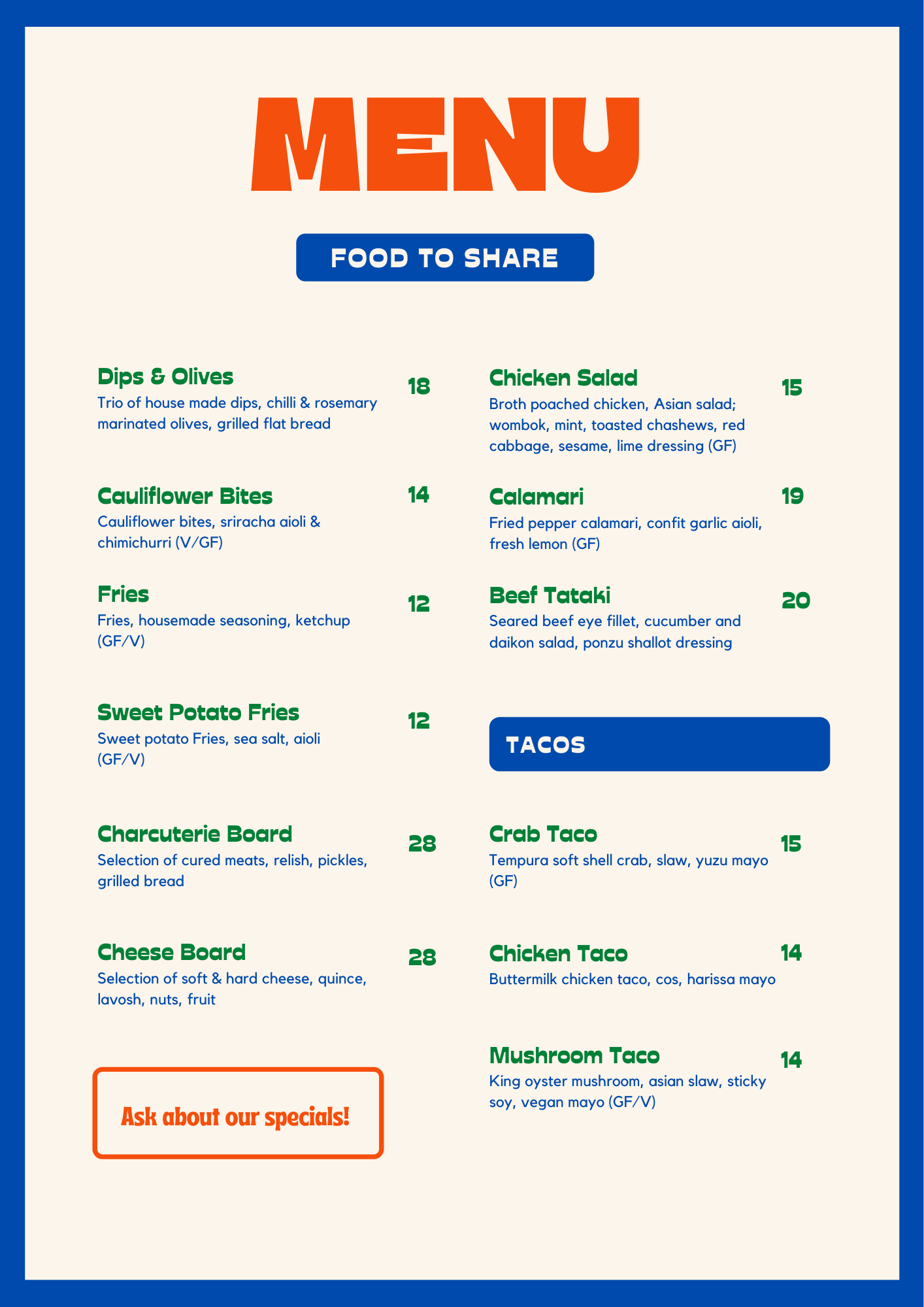 LOOP Bar Food Menu Loop Bar