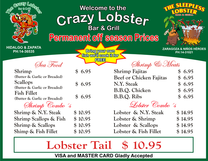 The Crazy Lobster Menu Sample Cabo San Lucas, Los Cabos, Mexico