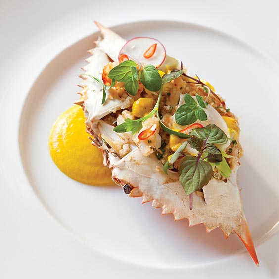Stuffed Crab Shell with Royal Red Shrimp, Green Papaya, Chile, and Peanut Louisiana Cookin