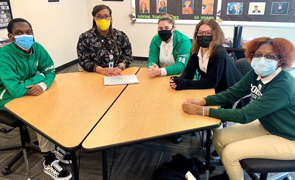 Sophomores at Collegiate Charter School of Lowell discuss hybrid learning